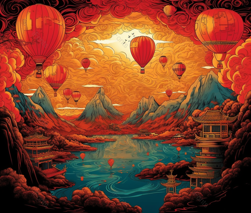 河边湖泊河岸阁楼对望古典祥云国潮风中国风传统文化节日插画,插画/手绘图,插画/手绘图库,插画/手绘图下载,插画/手绘